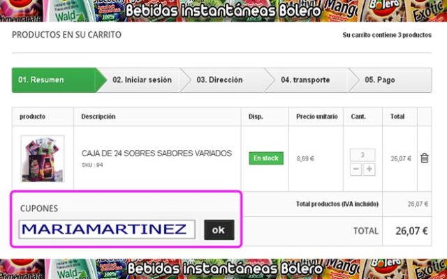Comprar Bebidas Bolero Dukan: cómo usar el código de descuento MARIAMARTINEZ