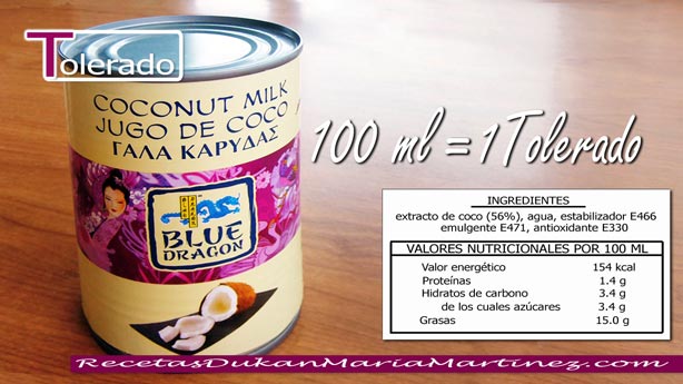 Leche de Coco Dukan: Tolerado, desde fase Crucero (100 ml = 1 tolerado)